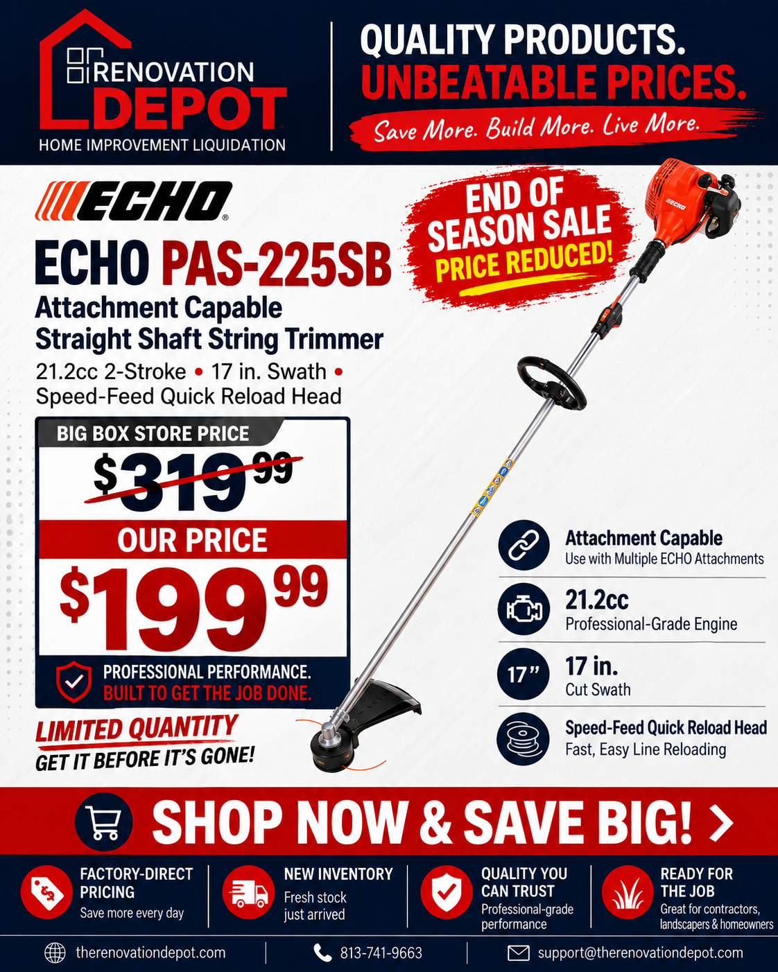 ECHO PAS-225SB 21.2 cc Gas 2-Stroke Attachment Capable Straight Shaft String Trimmer with 17 in. Swath and Speed-Feed Quick Reload Head