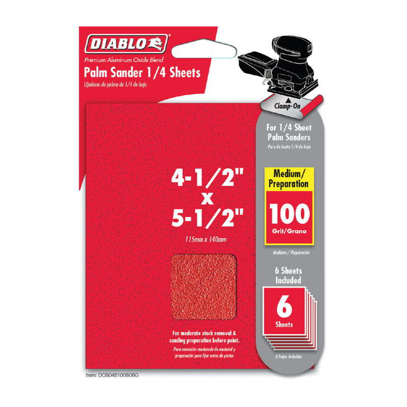 Diablo 100 Grit Aluminum Oxide Sandpaper 4-1/2 x 5-1/2 in, Pack of 6