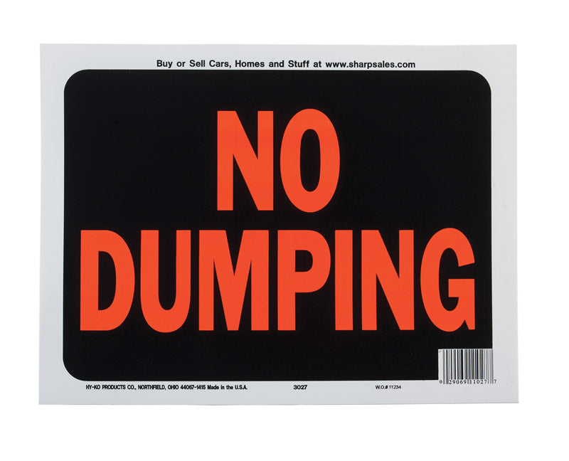 HY-KO Hy-Glo No Dumping Sign, Fluorescent Orange, Black Background
