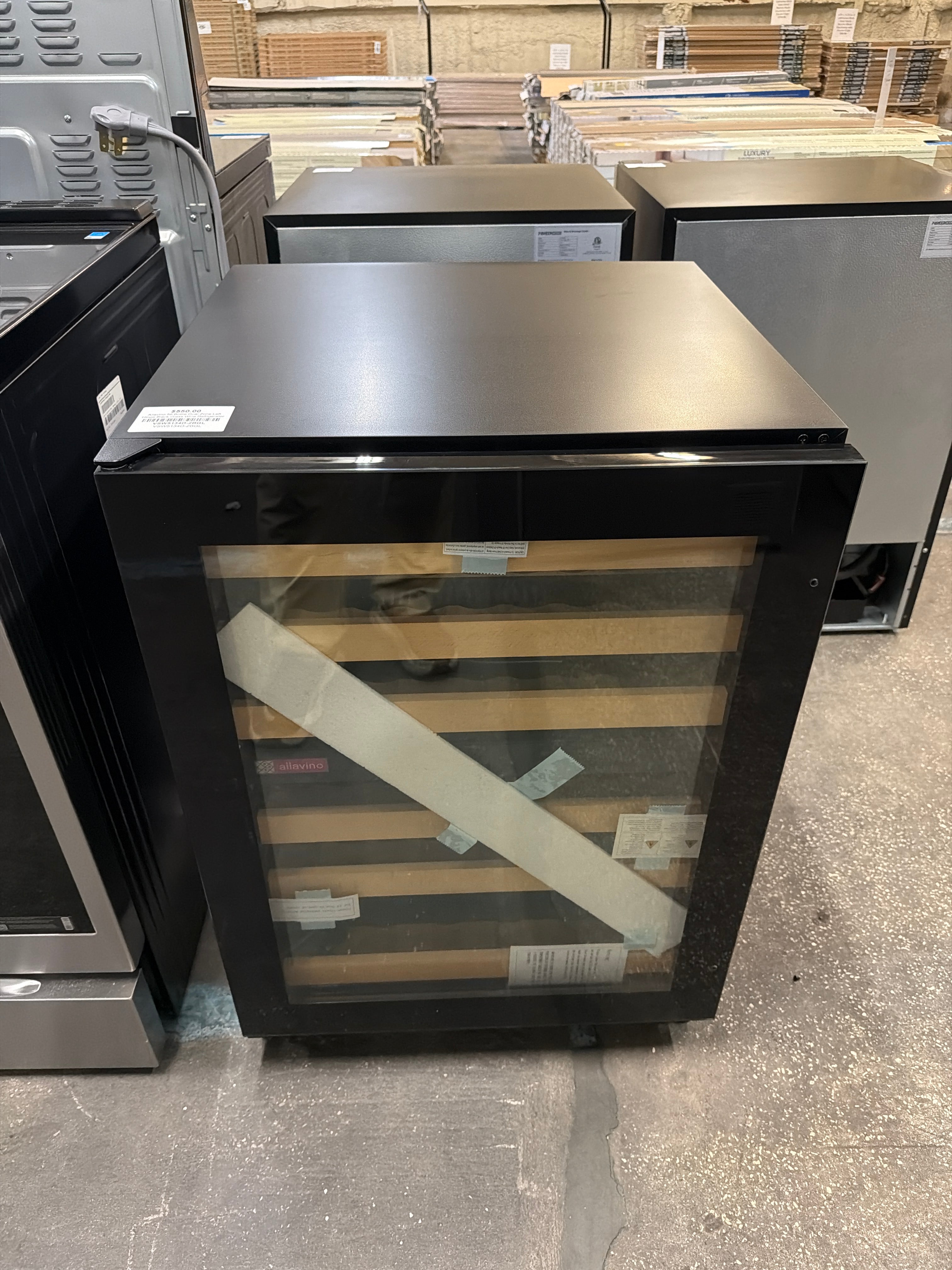 Allavino 56 Bottle Dual Zone Left Hinge Black Glass Wine Refrigerator