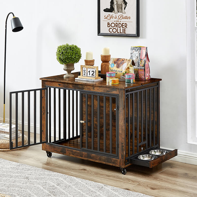 35.8" Rustic Brown Furniture Style 3-Door Dog Crate Side Table with Wheels and Flip-Up Top