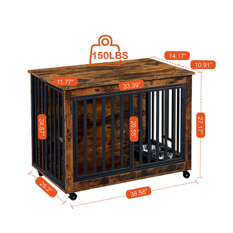 35.8" Rustic Brown Furniture Style 3-Door Dog Crate Side Table with Wheels and Flip-Up Top