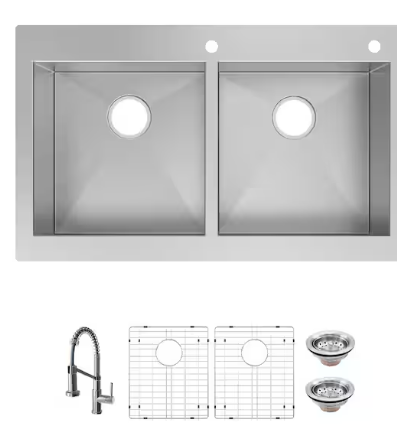 Glacier Bay All-in-One Apron Mount 16G Stainless Steel 36" Double Bowl Kitchen Workstation Sink with Faucet ion Brushed Finish