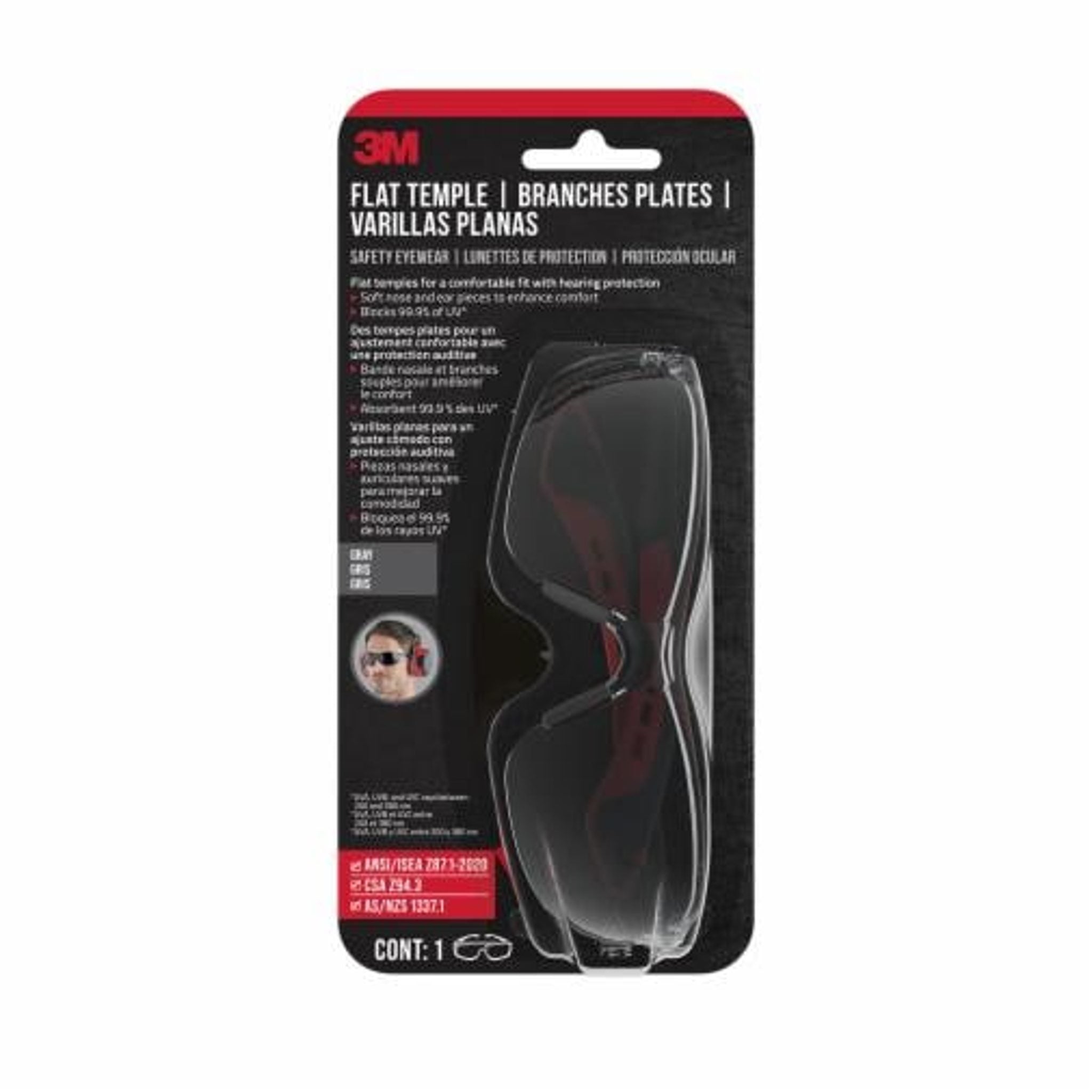 3M Safety Glasses, Black Grey, Flat Temple, Size 3