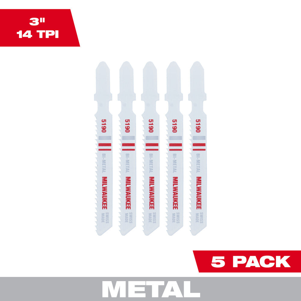 Milwaukee 14TPI 3" Metal Cutting Jig Saw Blades, 5 Pack