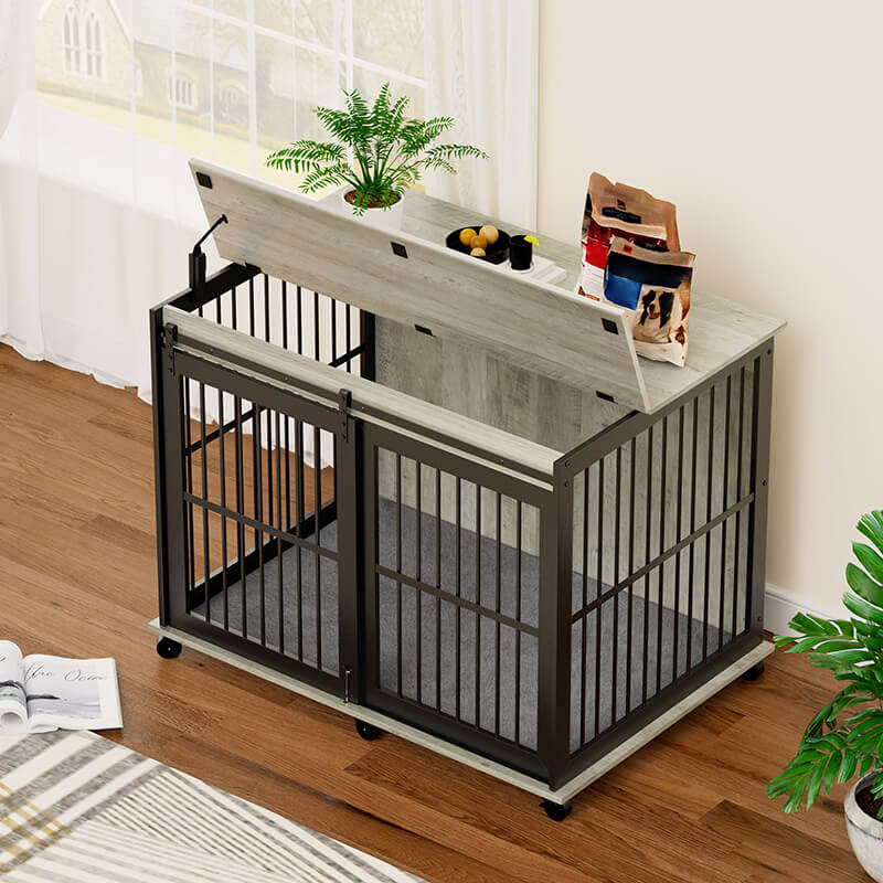43.7" Sliding Door Dog Crate Furniture with Mat - Grey