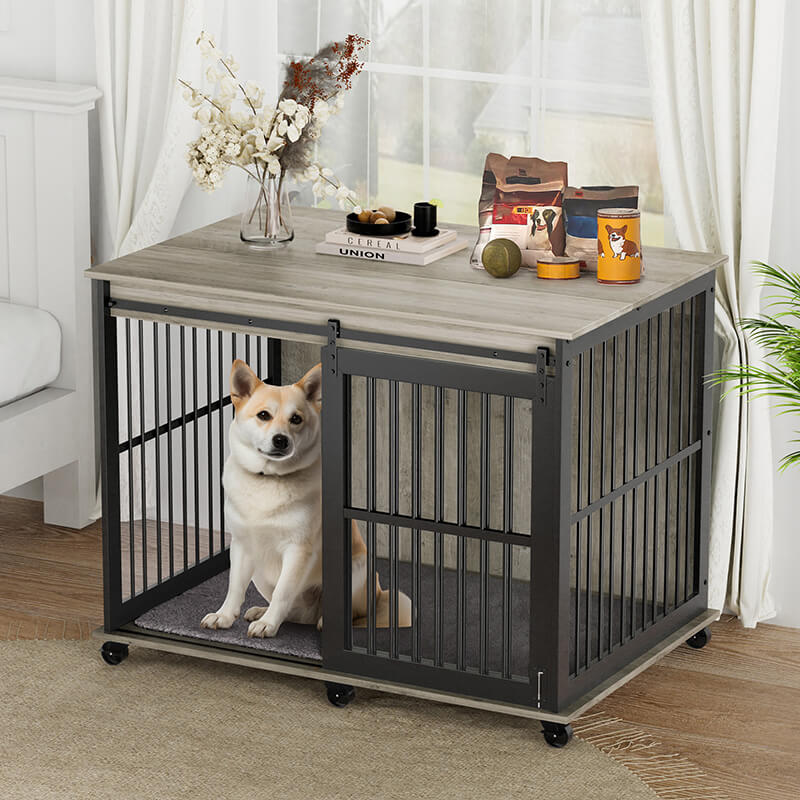43.7" Sliding Door Dog Crate Furniture with Mat - Grey