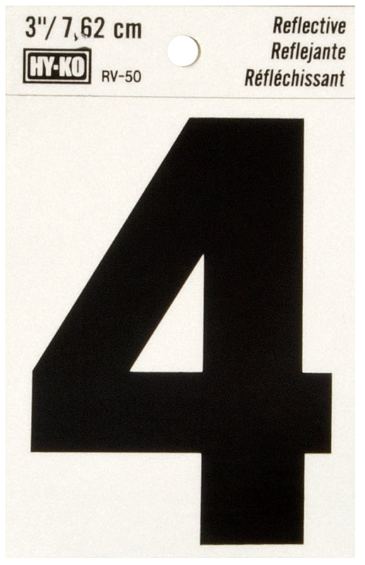 Hy-Ko Reflective Black Vinyl House Address Number 4, 3-in