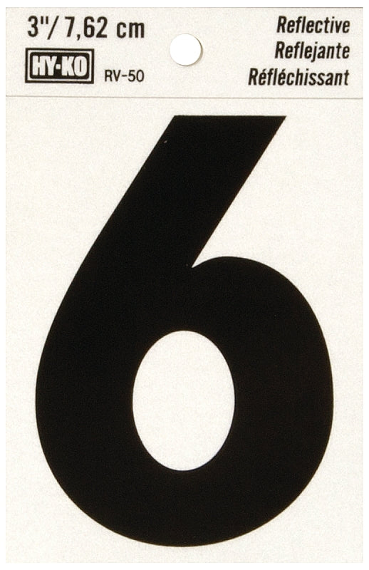 Hy-Ko Reflective Black Vinyl Adhesive House Number 6, 3-In
