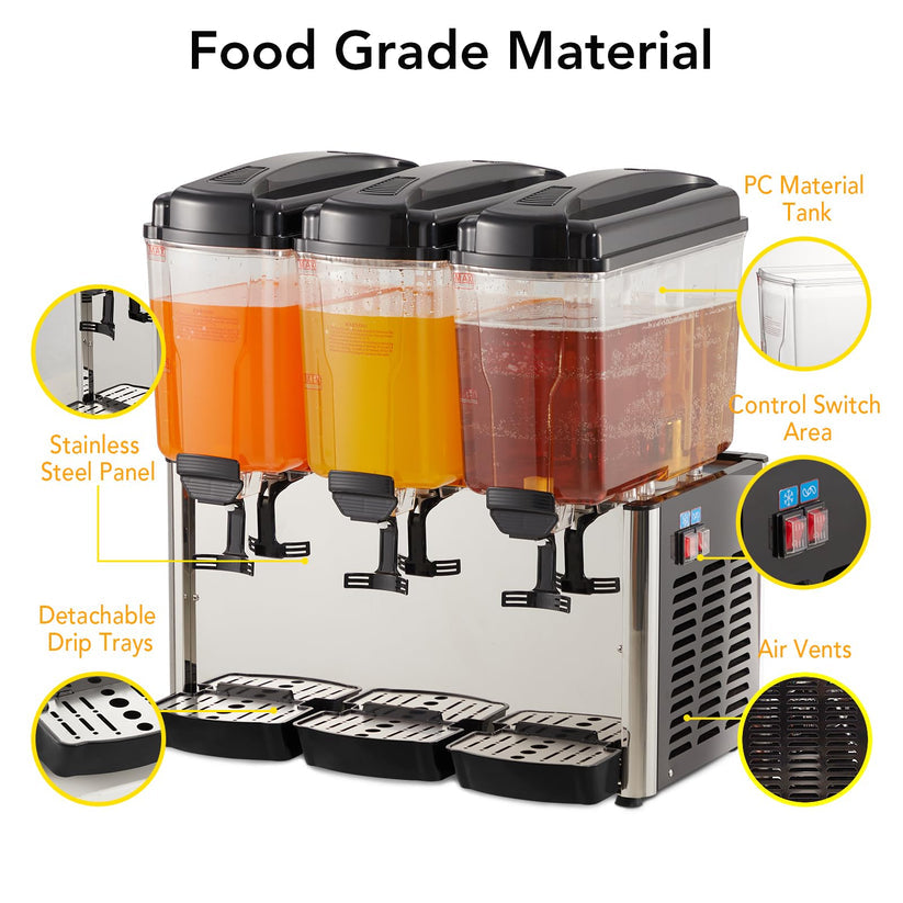GARVEE 54L (14.4 Gallon) Commercial Juice Dispenser, 3 Tanks 350W, Stainless Steel Beverage Dispenser