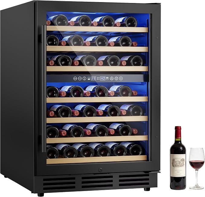 24 Inch Dual Zone Wine Fridge, 55-Bottle Wine Fridge Under Counter with Glass Door for Built-In or Freestanding, Wine Cooler Refrigerator