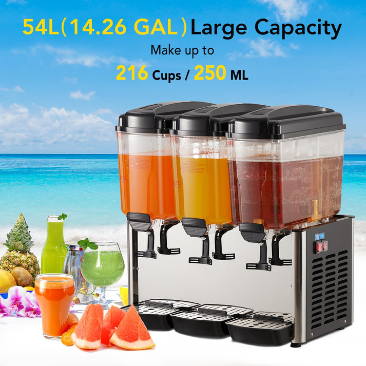 GARVEE 54L (14.4 Gallon) Commercial Juice Dispenser, 3 Tanks 350W, Stainless Steel Beverage Dispenser