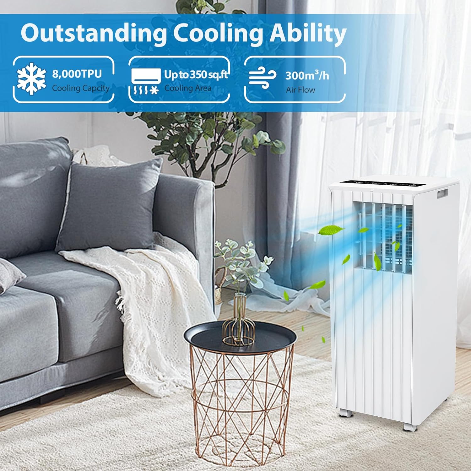 Acekool 8000Btus Portable Air Conditioner, 3 in 1 Portable AC Unit cools up to 350 Sq. Ft, Multi-function Mode, Dehumidifier, Fan Mode, Room Air Conditioner with Remote Control