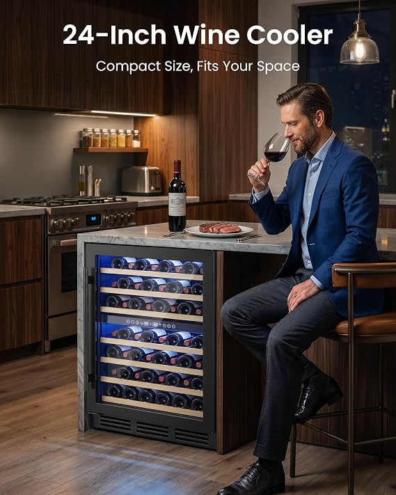24 Inch Dual Zone Wine Fridge, 55-Bottle Wine Fridge Under Counter with Glass Door for Built-In or Freestanding, Wine Cooler Refrigerator