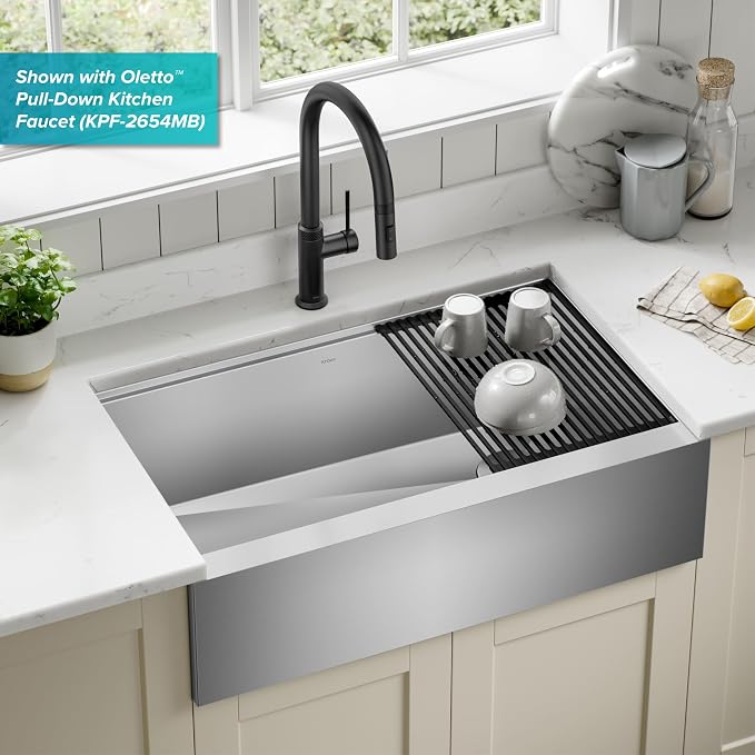Kraus 33” Farmhouse Workstation Single Bowl Stainless Steel Sink