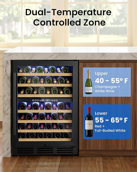 24 Inch Dual Zone Wine Fridge, 55-Bottle Wine Fridge Under Counter with Glass Door for Built-In or Freestanding, Wine Cooler Refrigerator
