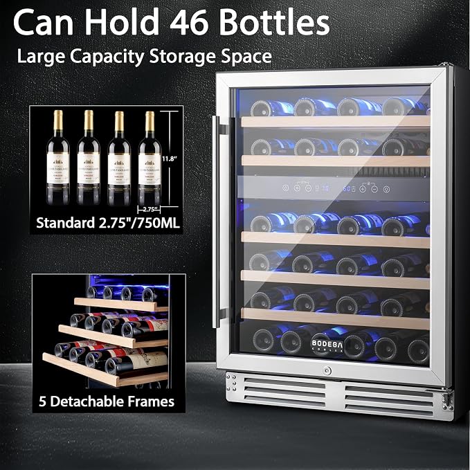 BODEGA 24 Inch Wine Cooler-46 Bottles Dual Zone Wine Fridge,41-68°F Wine Refrigerators Free standing, Built-in Compressor Mini Fridge
