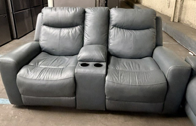 Mindanao Dual Power Leather Reclining Sofa- Steel {Used}