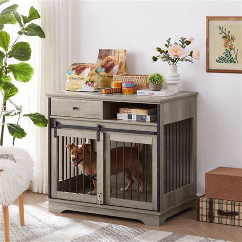 Grey Sliding Door Dog Crate Cabinet with Drawers