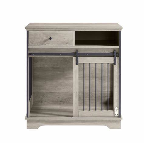 Grey Sliding Door Dog Crate Cabinet with Drawers