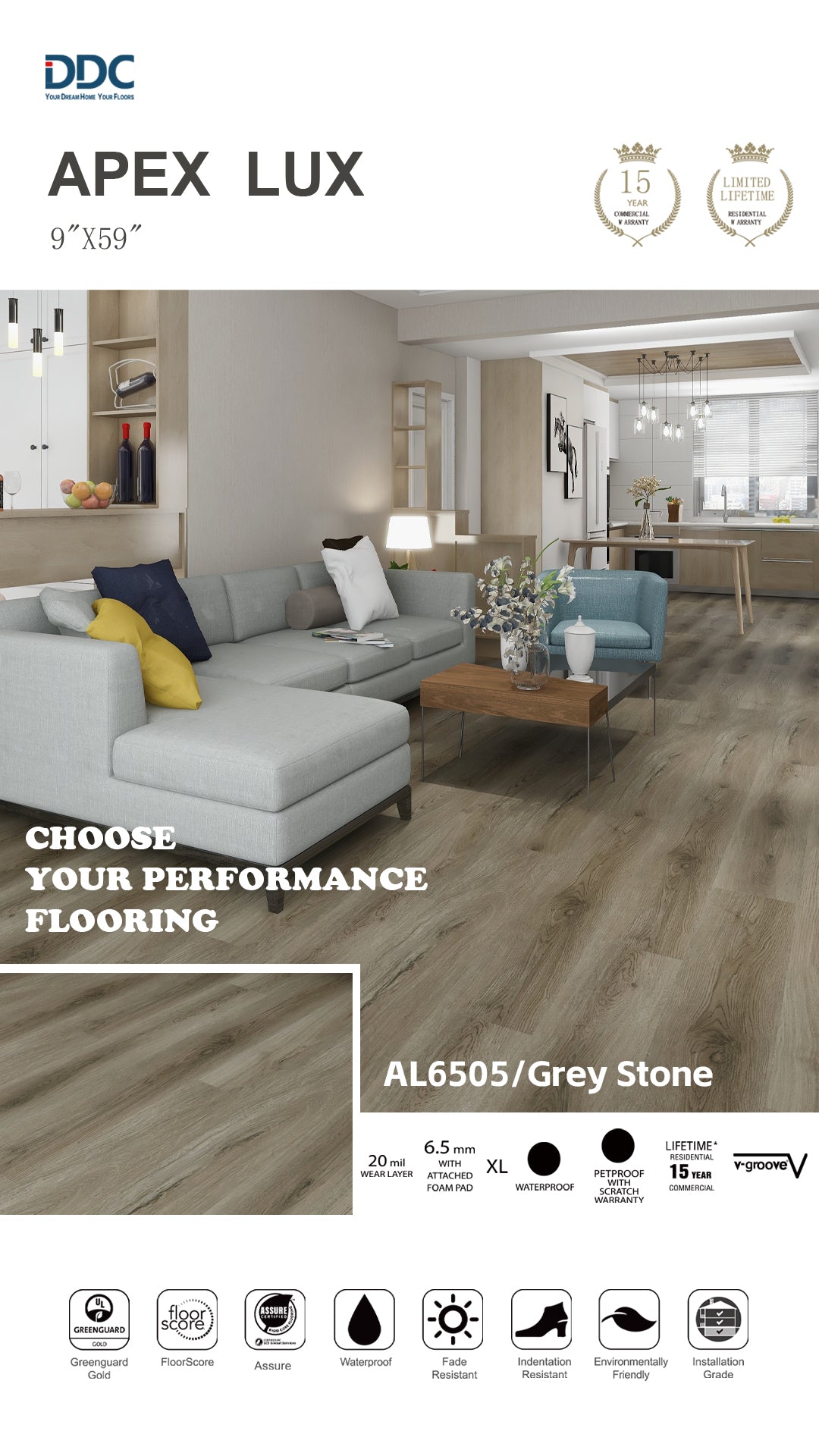 DDC Apex Lux Grey Stone AL6505 Waterproof SPC Luxury Vinyl Plank Flooring