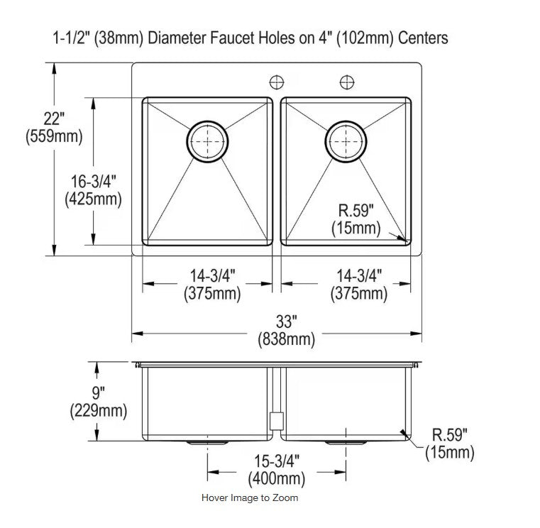 Crosstown® Stainless Steel 33" x 22" x 9" 2FRM-Hole Double Bowl Drop-in Sink