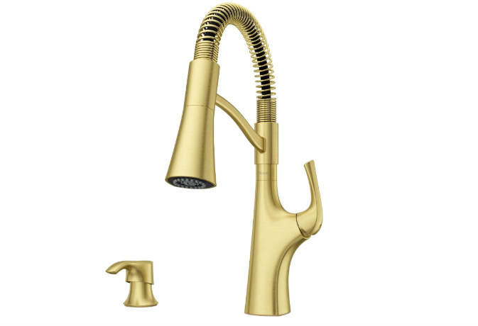 Pfister Ladera Commercial Faucet with Pull Down Sprayer and Soap Dispenser Single Handle Brushed Gold Finish