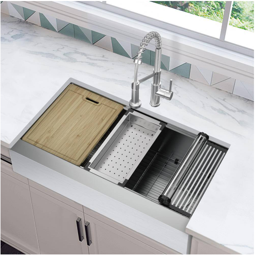 Glacier Bay Apron Mount 16G Stainless Steel 36" Single Bowl Kitchen Workstation Sink with Accessories in Brushed Finish