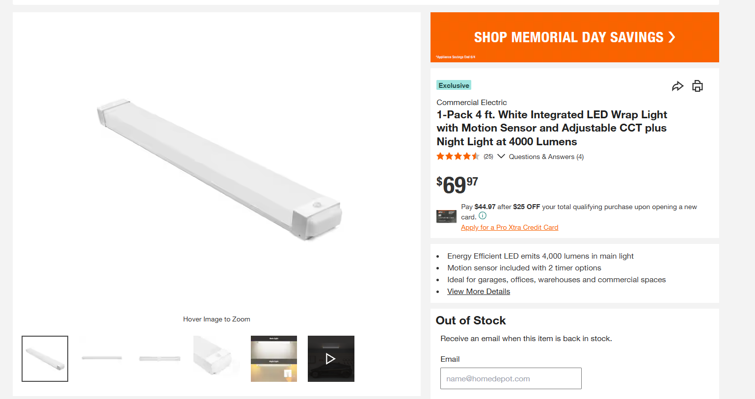 Commercial Electric 4 Ft LED Wrap Garage Light with Motion Sensor & Night Light