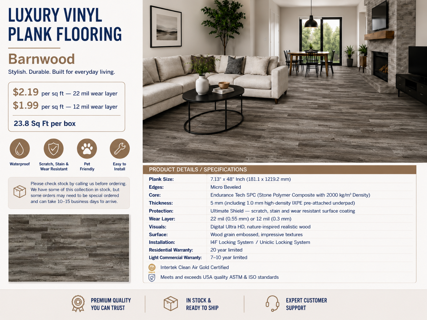 7"x48" Barnwood Waterproof SPC Luxury Vinyl Plank Flooring