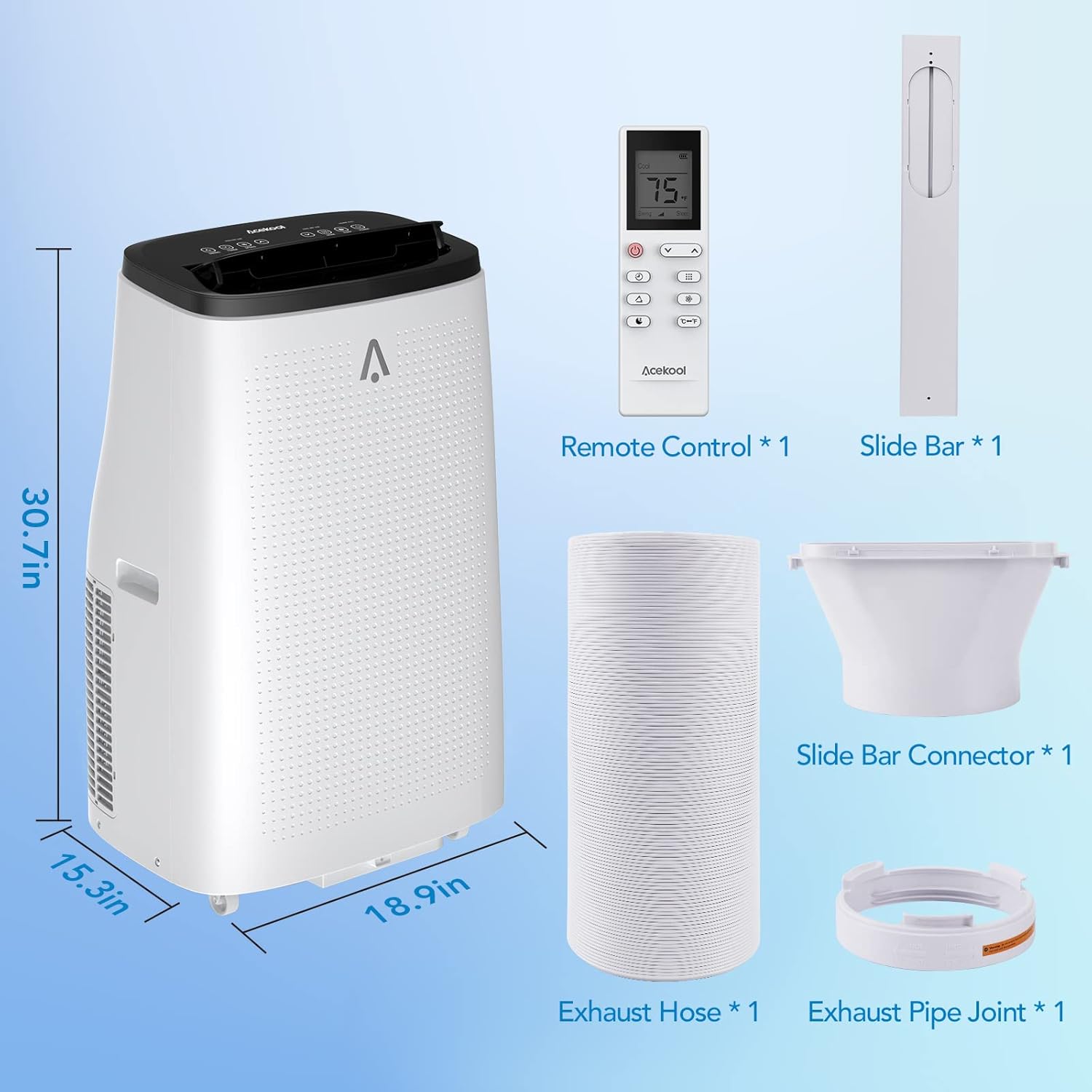 Acekool Portable Air Conditioner 14,000 BTU Indoor 3 in 1 with Remote Control Quiet AC Unit, Dehumidifier & Fan Modes, Cooling Rooms up to 750 sq. ft, LED Display, Complete Window Mount Exhaust Kit