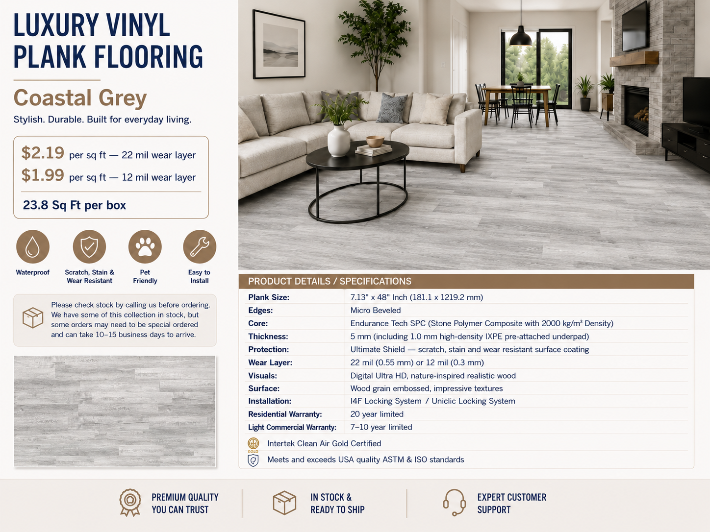 7"x48" Coastal Grey Waterproof SPC Luxury Vinyl Plank Flooring