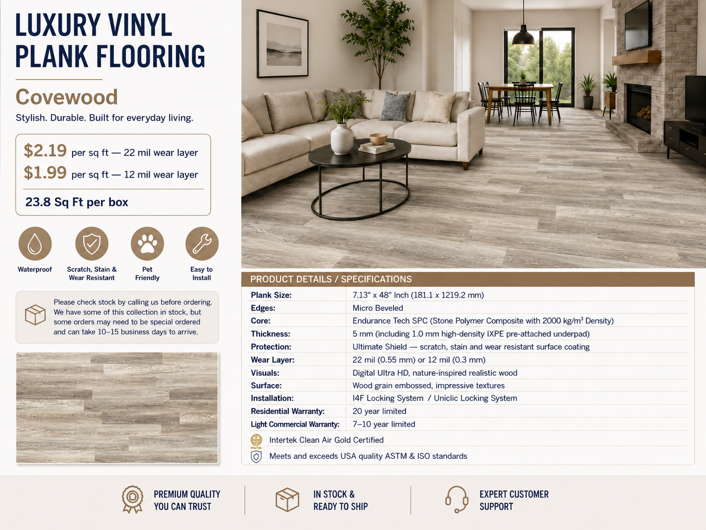7"x48" Cove Wood Waterproof SPC Luxury Vinyl Plank Flooring
