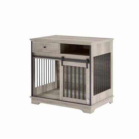 Grey Sliding Door Dog Crate Cabinet with Drawers