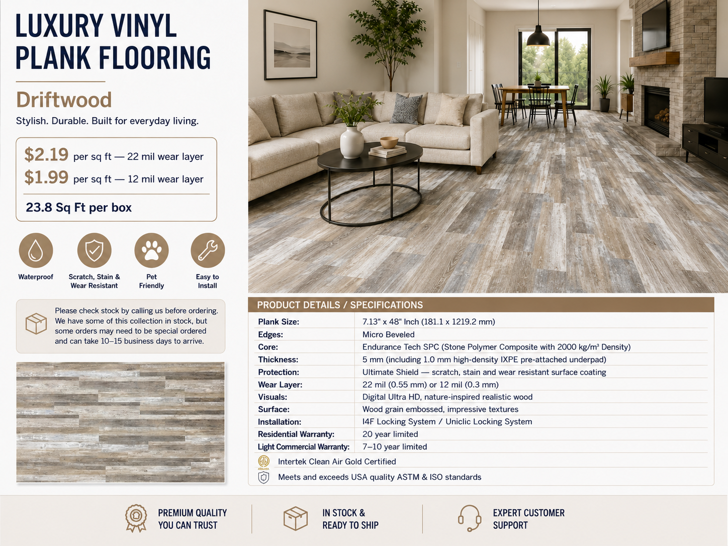 7"x48" Drift Wood Waterproof SPC Luxury Vinyl Plank Flooring