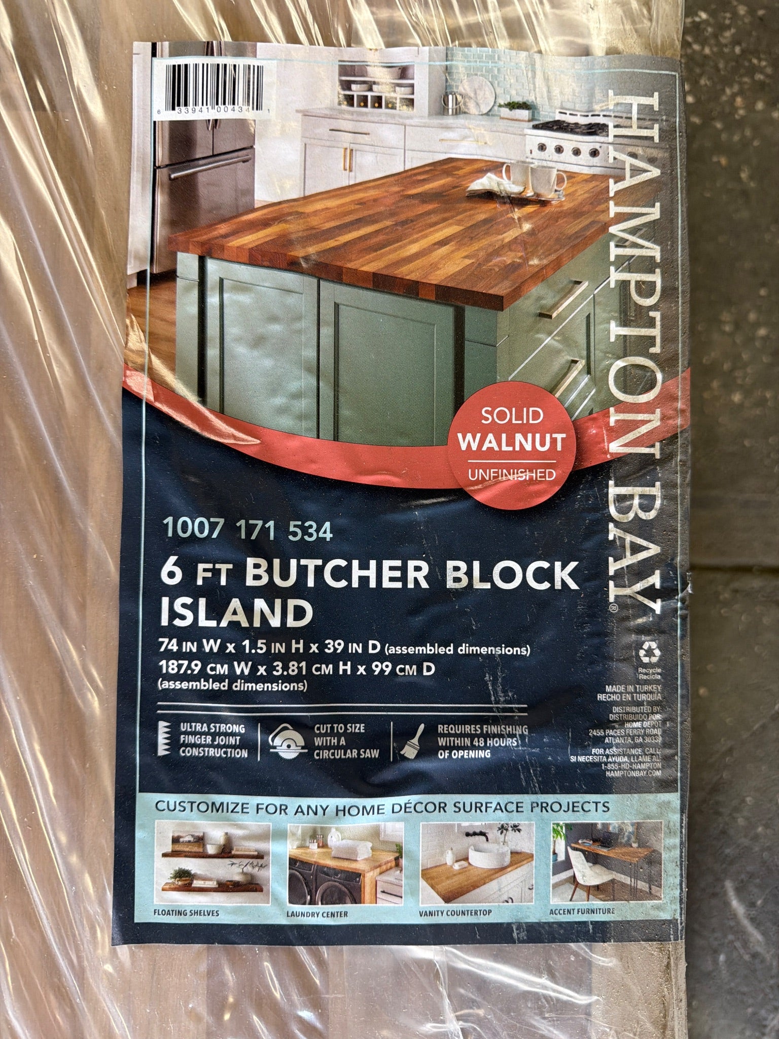 6 ft. L x 39 in. D Unfinished Walnut Solid Wood Butcher Block Countertop Island with Standard Edge