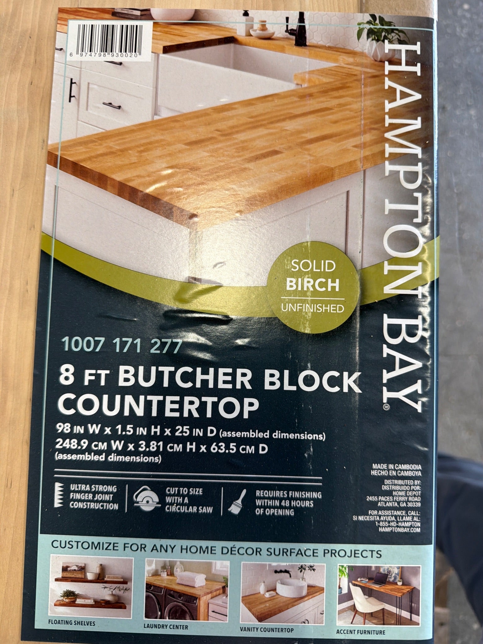 8 ft. L x 25 in. D Unfinished Birch Solid Wood Butcher Block Countertop with Square Edge