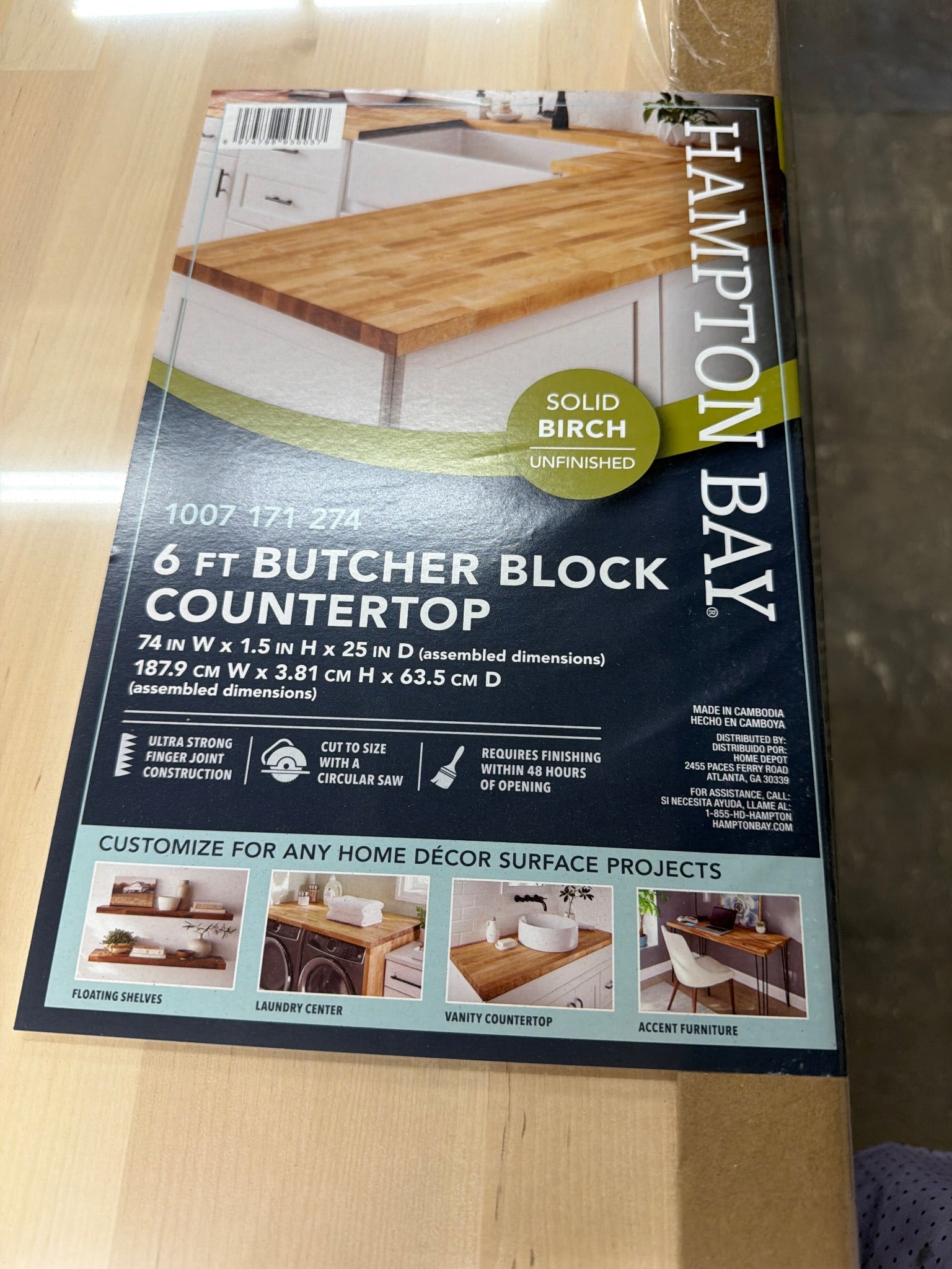 6 ft. L x 25 in. D Unfinished Birch Solid Wood Butcher Block Countertop with Square Edge