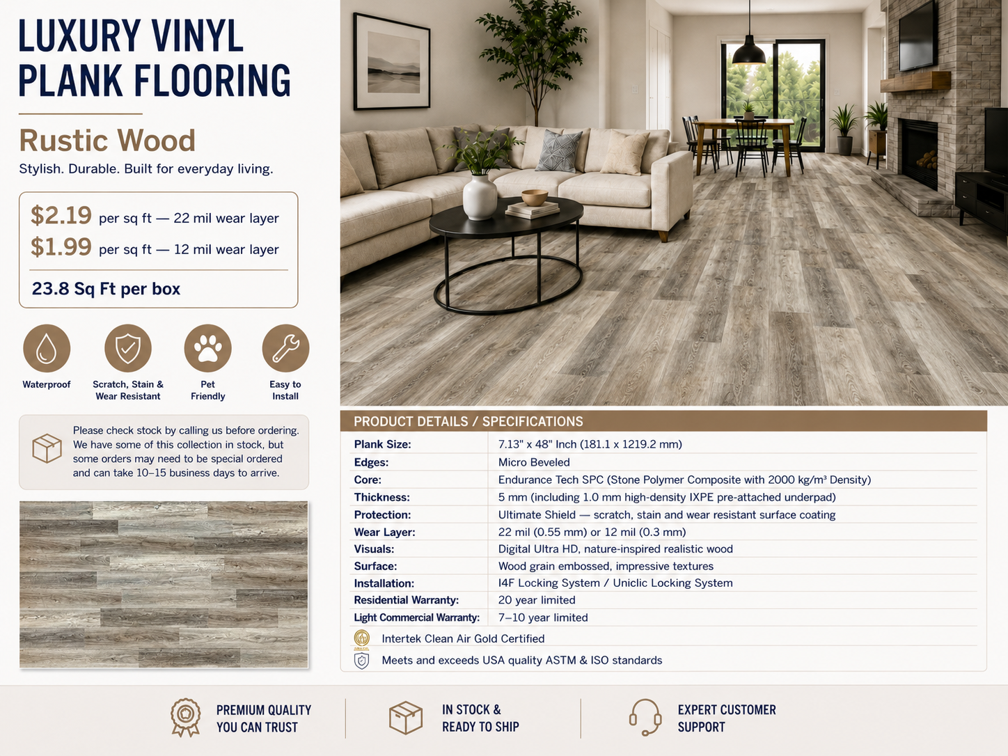 7"x48" Rustic Wood Waterproof SPC Luxury Vinyl Plank Flooring