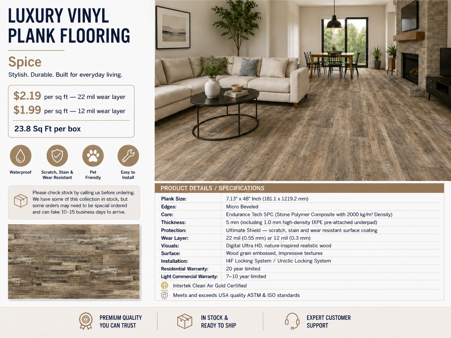 7"x48" Spice Waterproof SPC Luxury Vinyl Plank Flooring