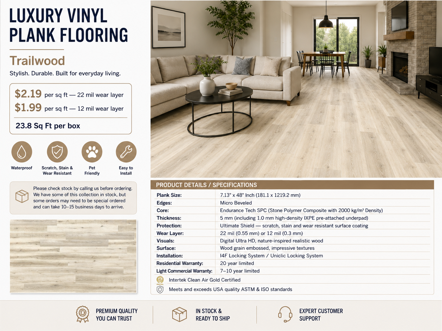 7"x48" Trailwood Waterproof SPC Luxury Vinyl Plank Flooring