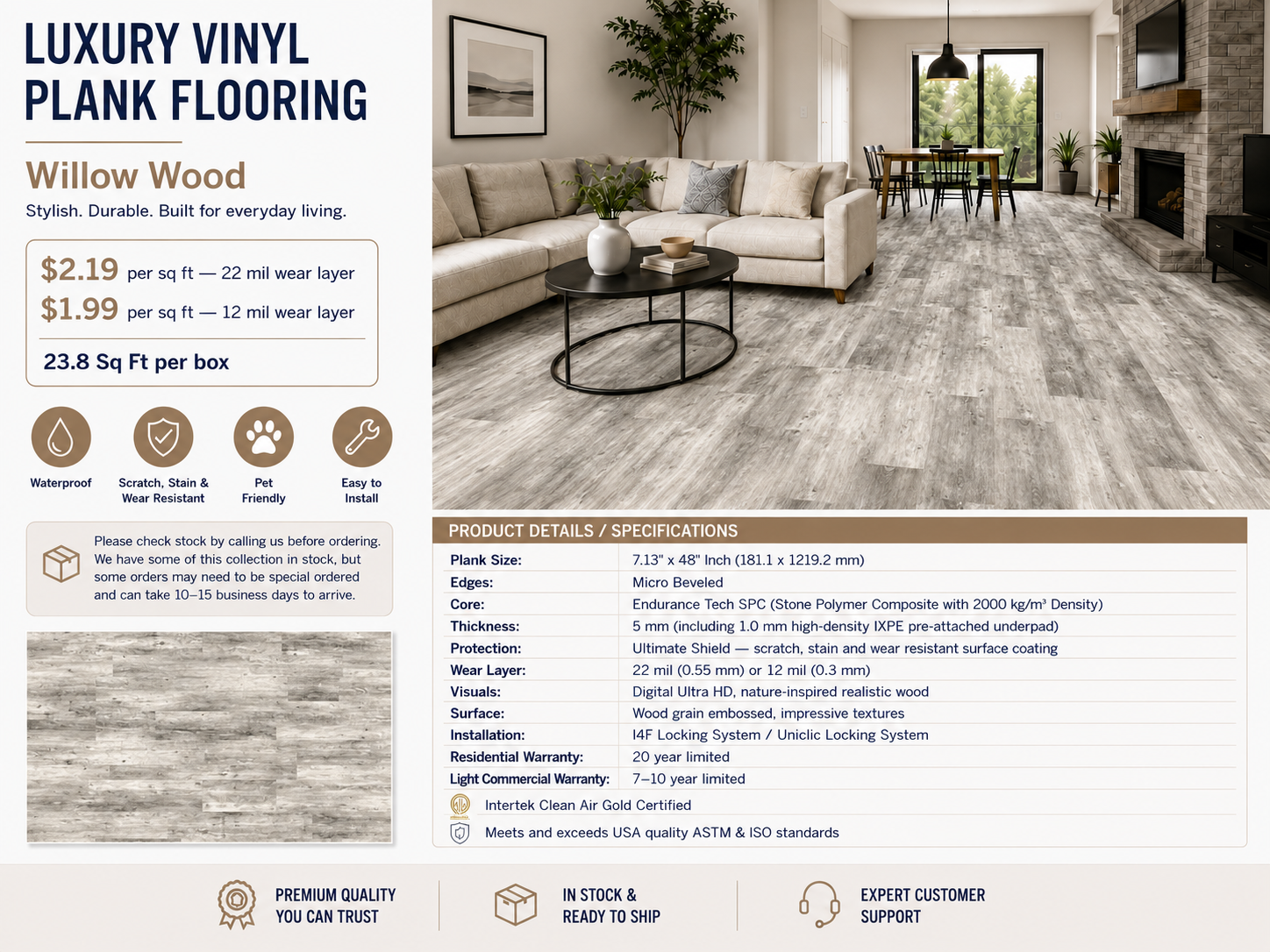 7"x48" Willow Wood Waterproof SPC Luxury Vinyl Plank Flooring